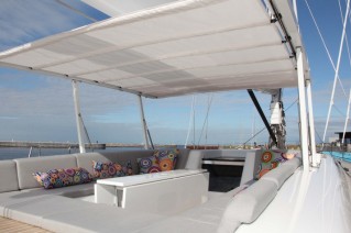 Swan 80S luxury yacht I AMSTERDAM cockpit with bimini top Photo Credit Per Heegaard 2012-001